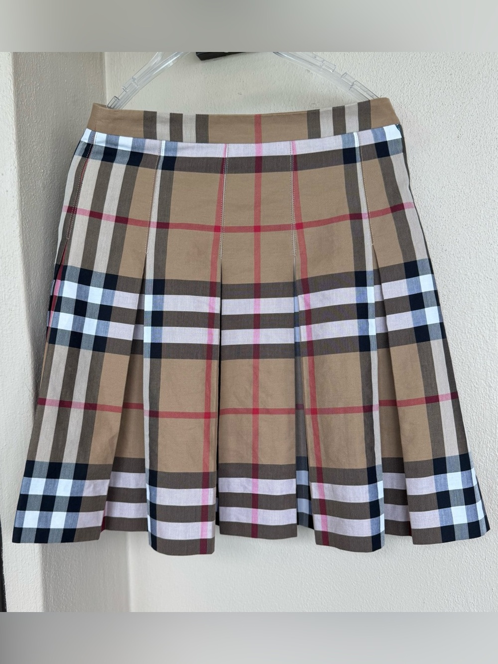 Burberry London Nova Check Plaid Mini Skirt Beige Pleats Cotton Lined Side Zip 2